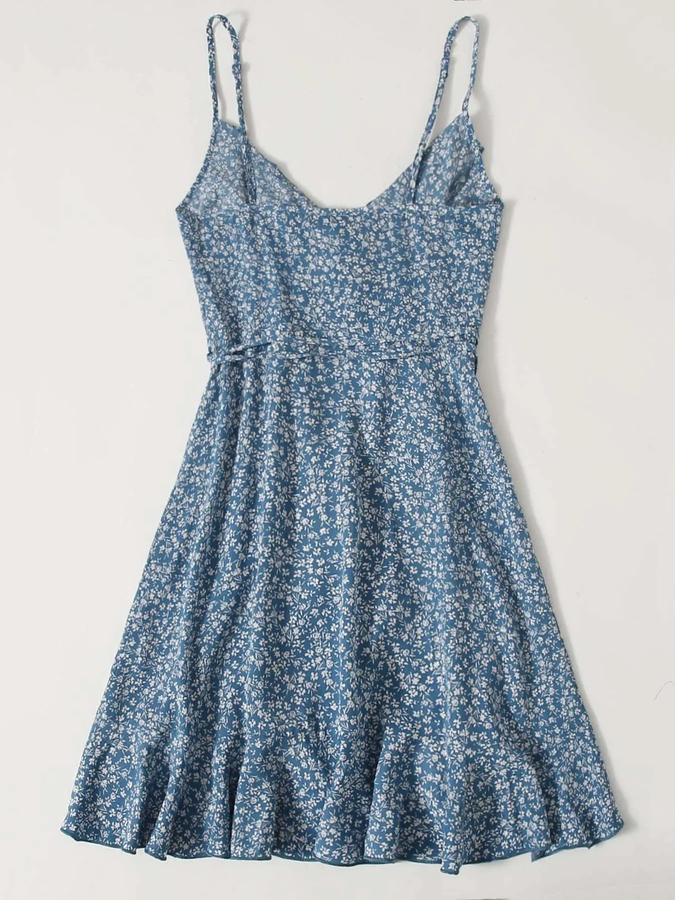 SHEIN VCAY Ruffle Trim Wrap Tie Side Ditsy Floral Slip Dress