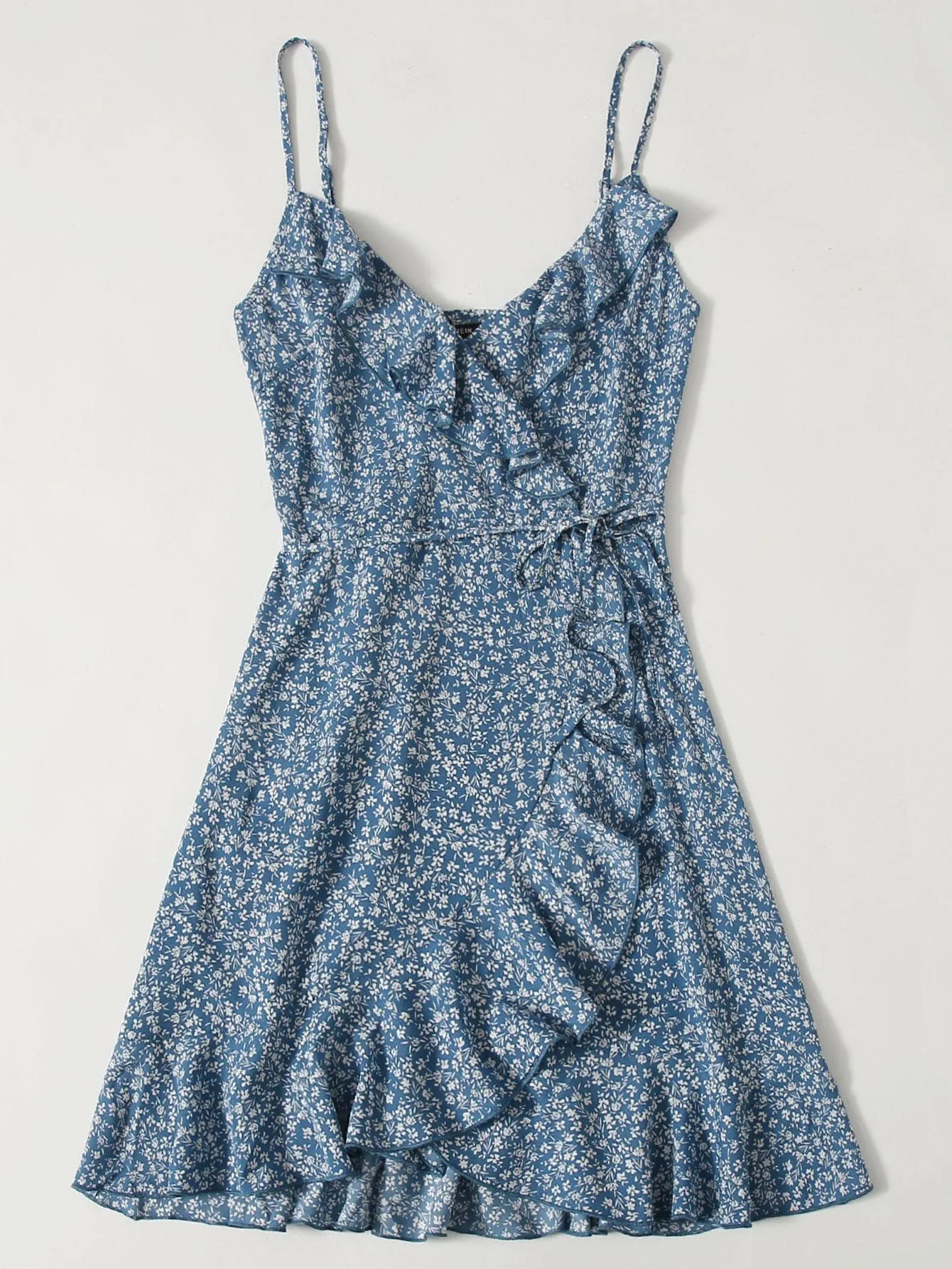 SHEIN VCAY Ruffle Trim Wrap Tie Side Ditsy Floral Slip Dress