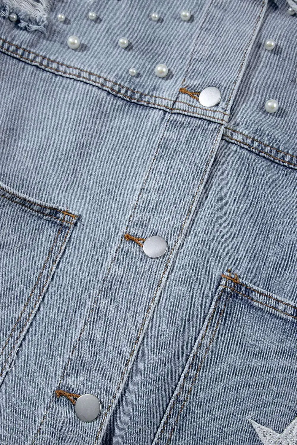 Sky Blue Distressed Pearls Star Cropped Denim Jacket