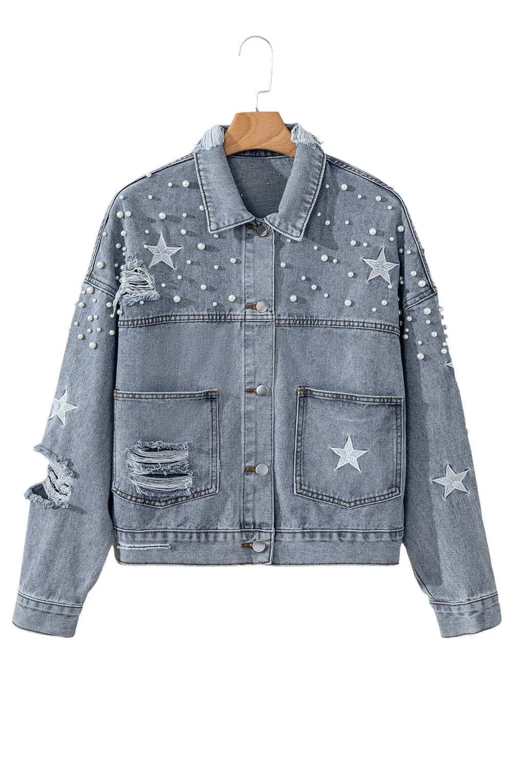 Sky Blue Distressed Pearls Star Cropped Denim Jacket