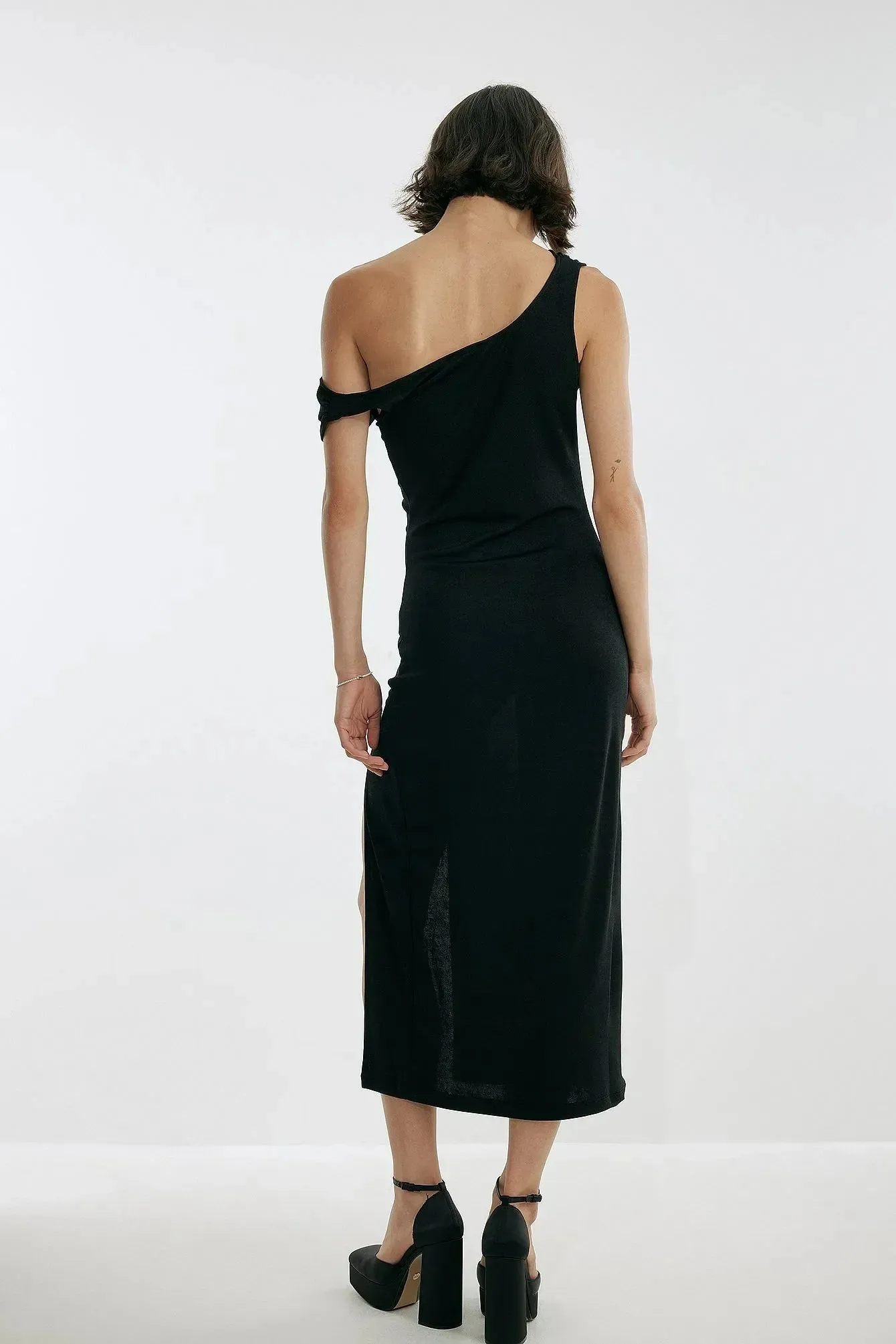 SLIP SHOULDER HIGH SLIT PARTY DRESS