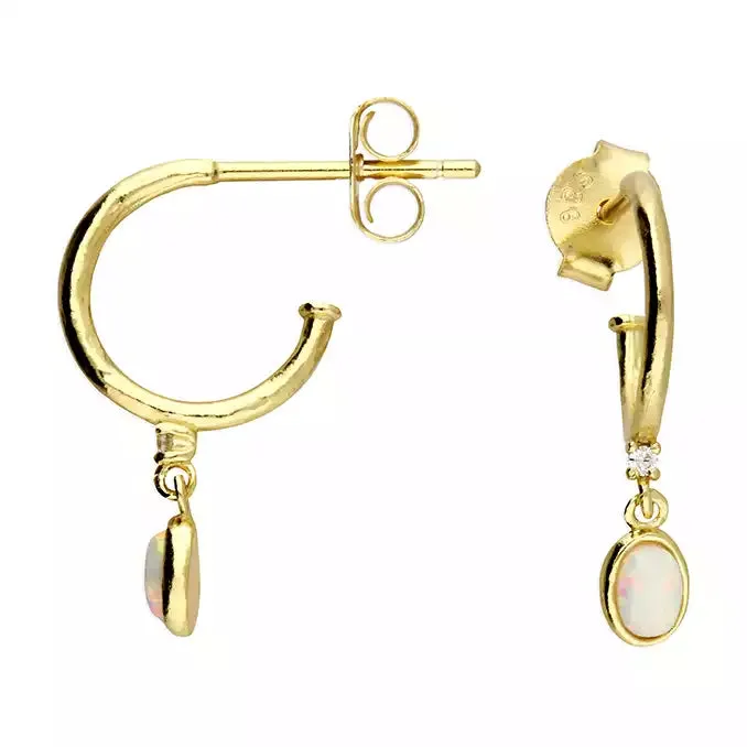 Sterling Silver Gold Plated Opal Charm Hoop Earrings