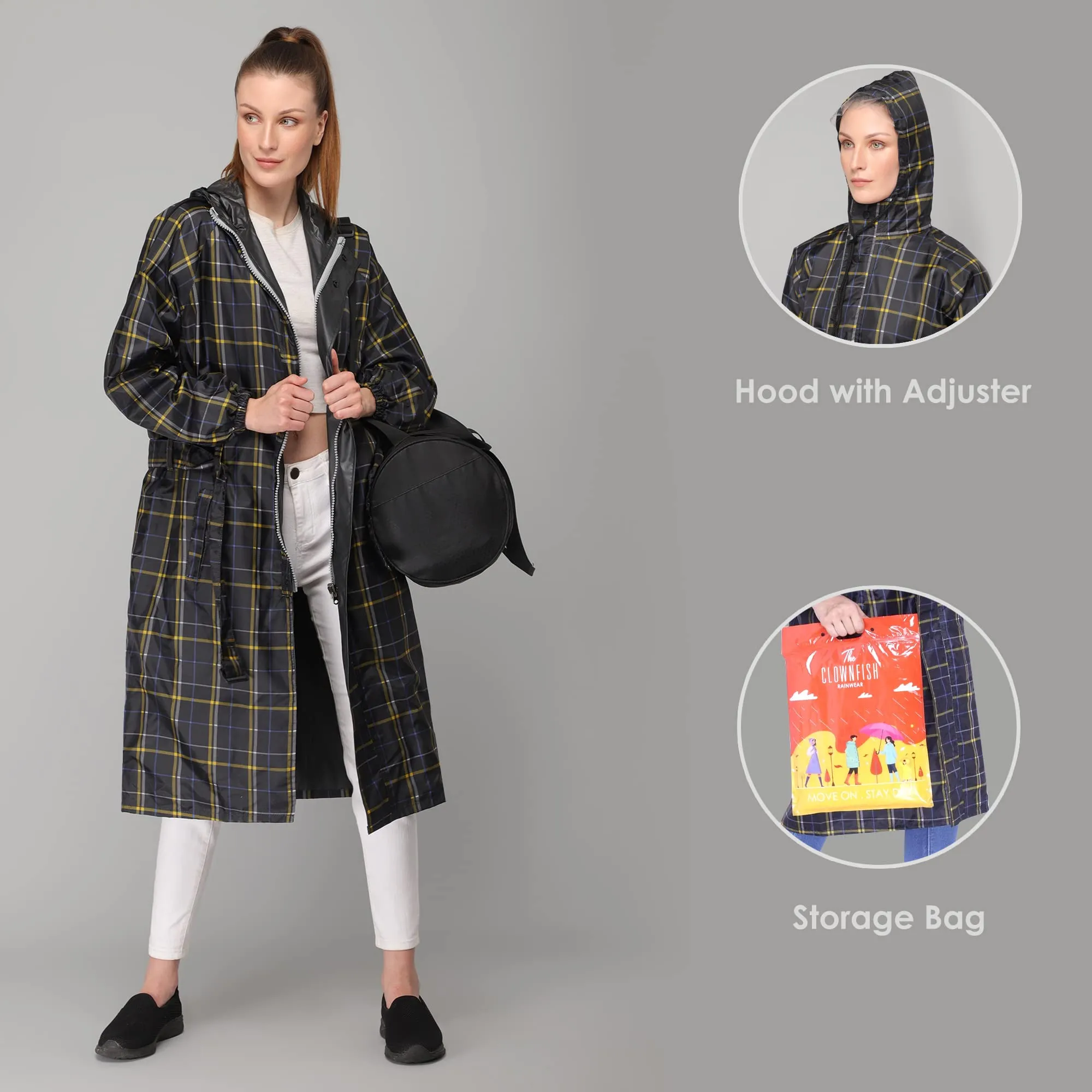 THE CLOWNFISH Dynamic Pro Series Women's Waterproof Polyester Reversible Raincoat/Longcoat with Hood and Reflector Logo at Back for Night Visibility -With Storage Bag (Black, XXL)