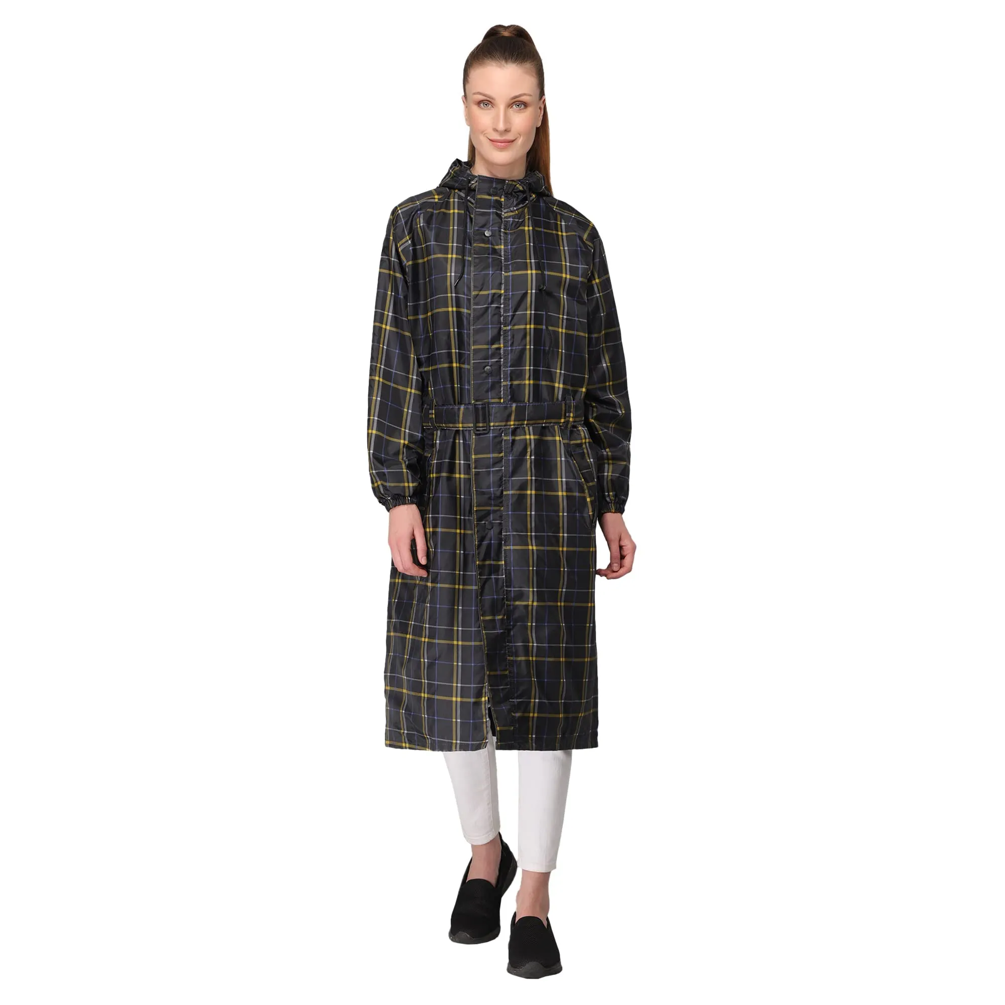 THE CLOWNFISH Dynamic Pro Series Women's Waterproof Polyester Reversible Raincoat/Longcoat with Hood and Reflector Logo at Back for Night Visibility -With Storage Bag (Black, XXL)