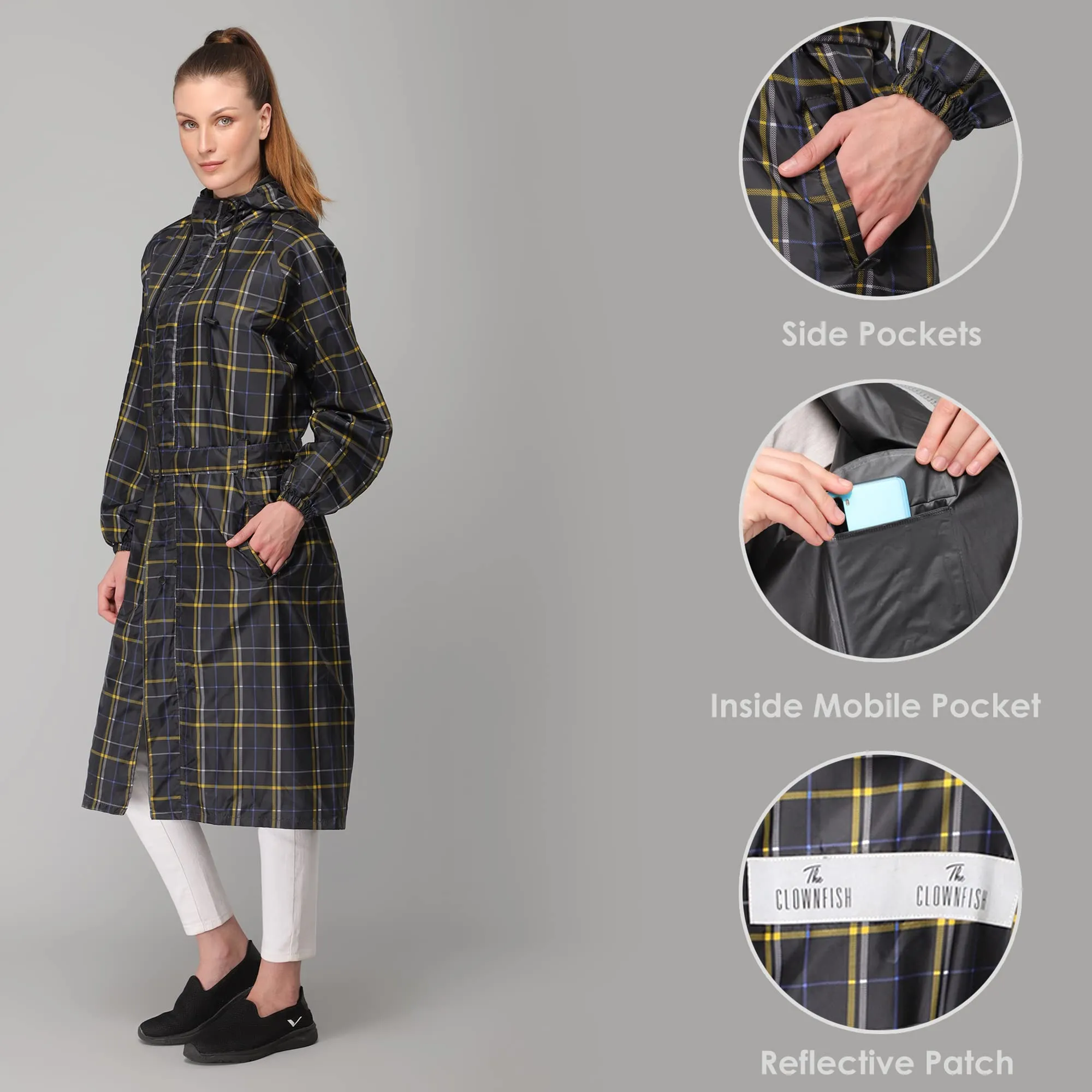 THE CLOWNFISH Dynamic Pro Series Women's Waterproof Polyester Reversible Raincoat/Longcoat with Hood and Reflector Logo at Back for Night Visibility -With Storage Bag (Black, XXL)