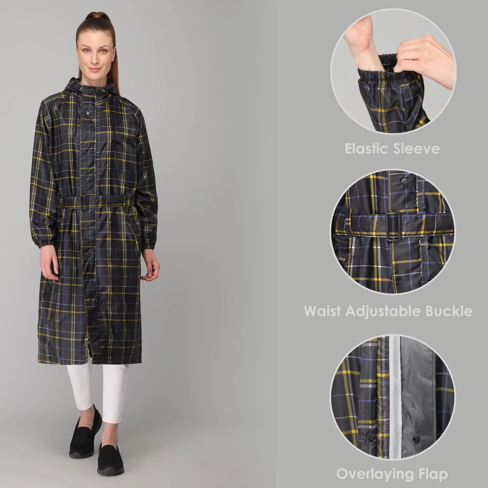 THE CLOWNFISH Dynamic Pro Series Women's Waterproof Polyester Reversible Raincoat/Longcoat with Hood and Reflector Logo at Back for Night Visibility -With Storage Bag (Black, XXL)