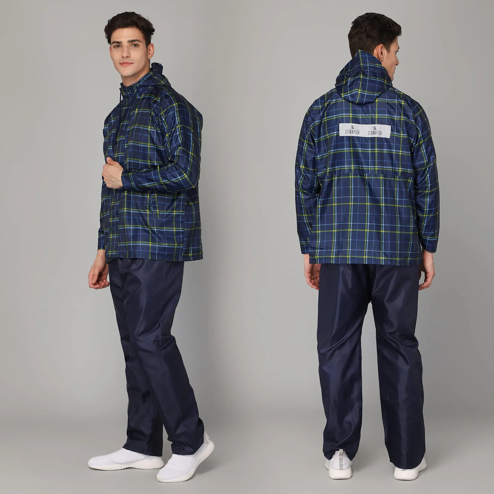 THE CLOWNFISH Monarch Pro Series Men's Waterproof Polyester Double Coating Reversible Raincoat with Hood and Reflector Logo at Back for Night Travelling. Set of Top and Bottom (Navy Blue, XXL)