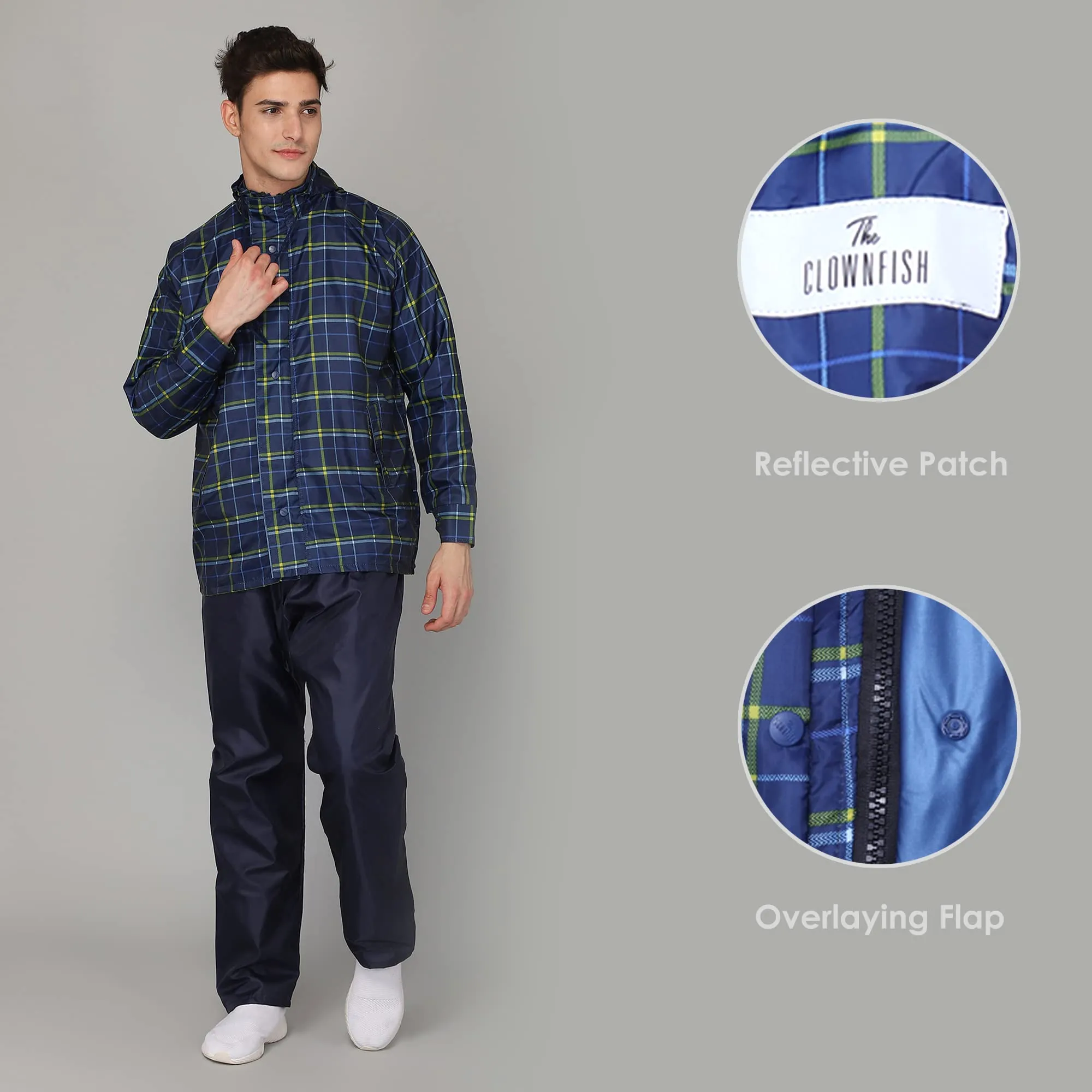 THE CLOWNFISH Monarch Pro Series Men's Waterproof Polyester Double Coating Reversible Raincoat with Hood and Reflector Logo at Back for Night Travelling. Set of Top and Bottom (Navy Blue, XXL)