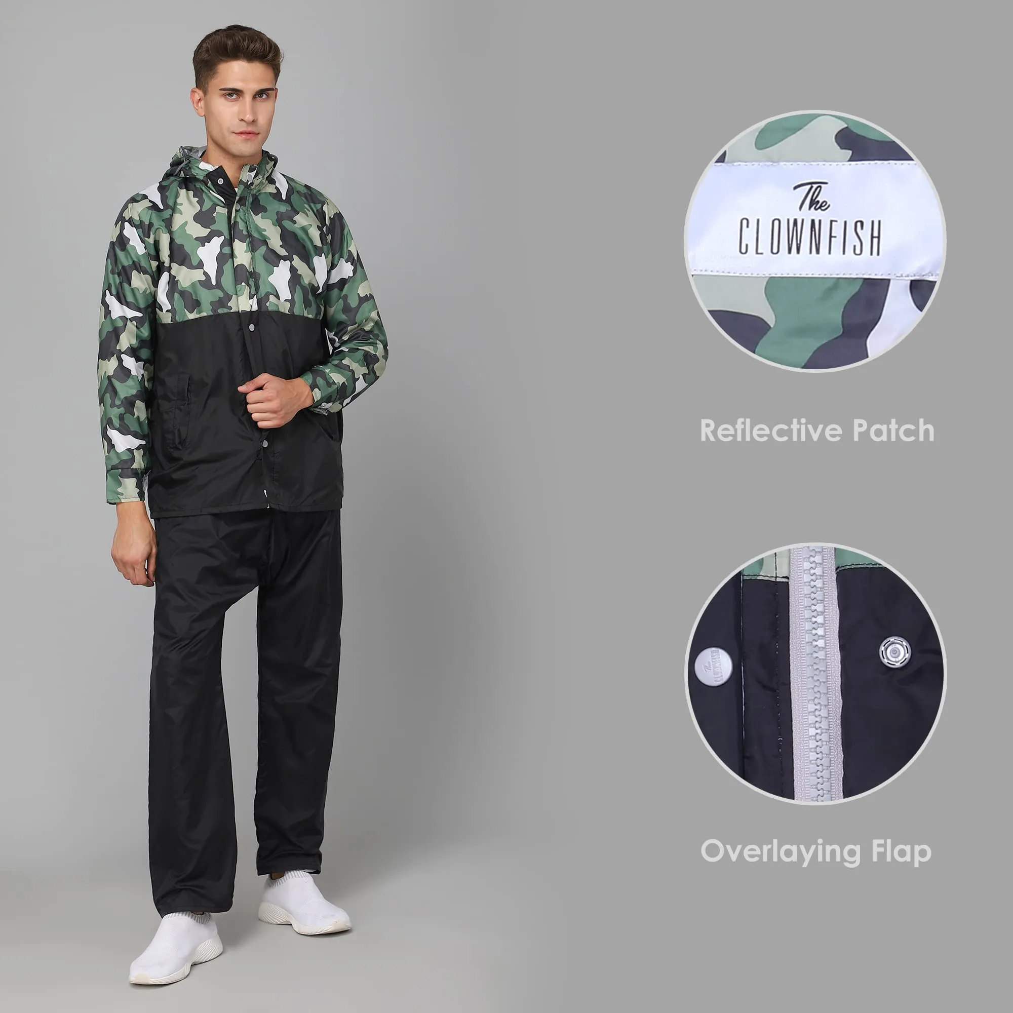 THE CLOWNFISH Napoleon Series Men's Waterproof Nylon Double Coating Reversible Raincoat with Hood and Reflector Logo at Back. Set of Top and Bottom. Printed Plastic Pouch with Rope (Black, X-Large)