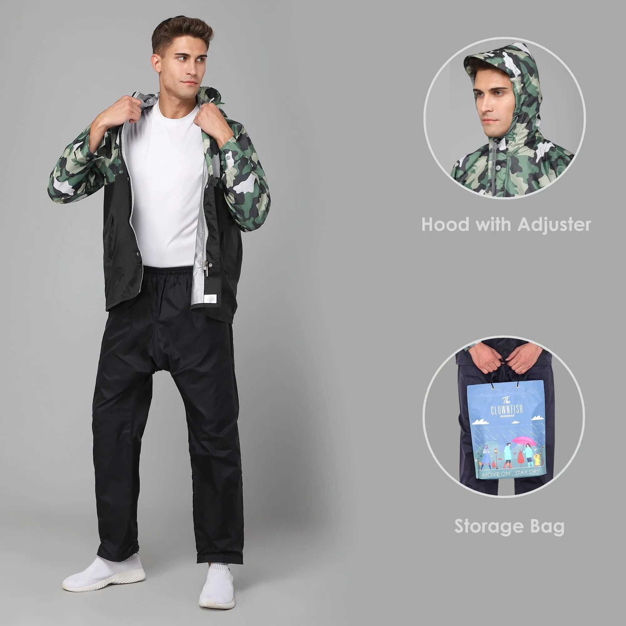 THE CLOWNFISH Napoleon Series Men's Waterproof Nylon Double Coating Reversible Raincoat with Hood and Reflector Logo at Back. Set of Top and Bottom. Printed Plastic Pouch with Rope (Black, X-Large)