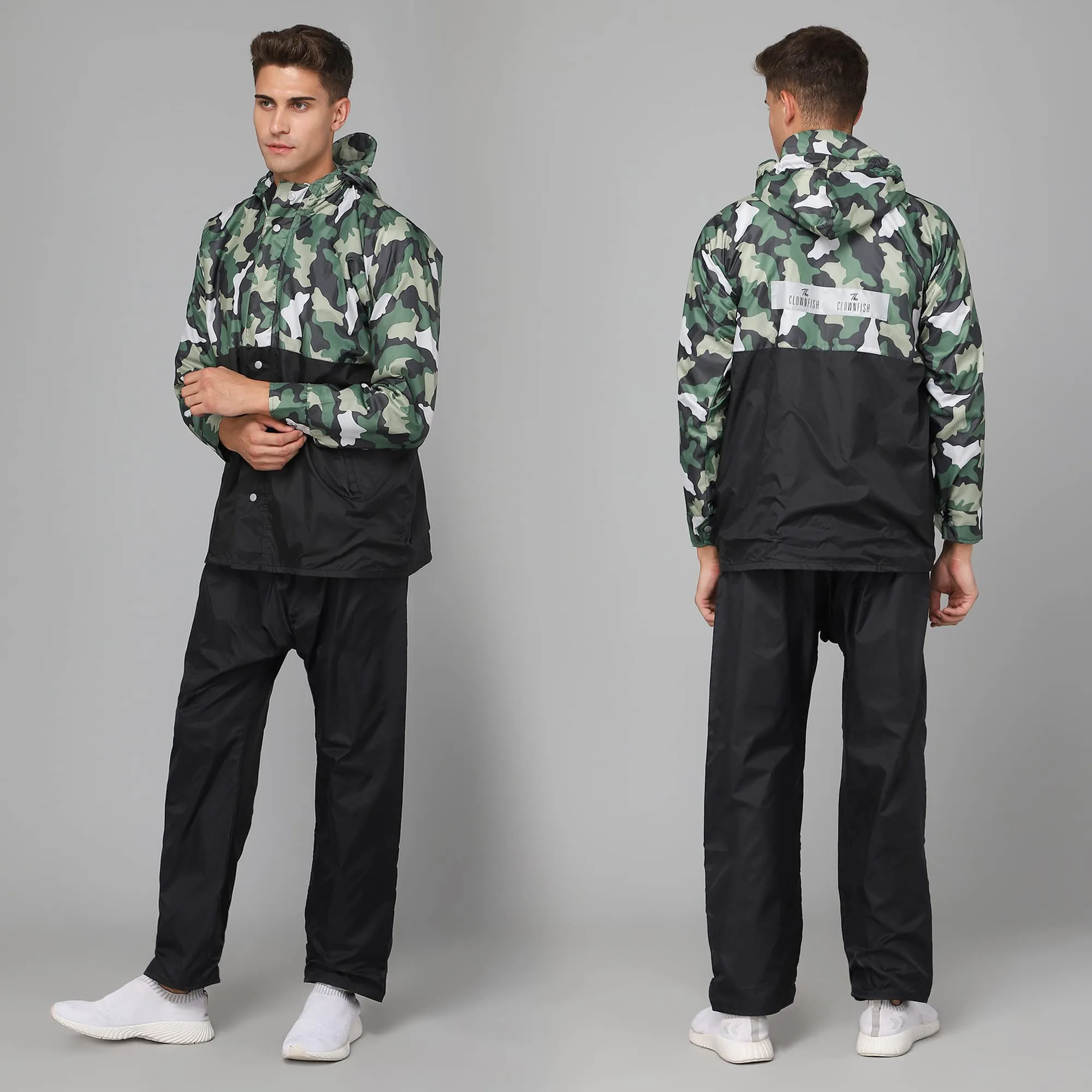 THE CLOWNFISH Napoleon Series Men's Waterproof Nylon Double Coating Reversible Raincoat with Hood and Reflector Logo at Back. Set of Top and Bottom. Printed Plastic Pouch with Rope (Black, X-Large)