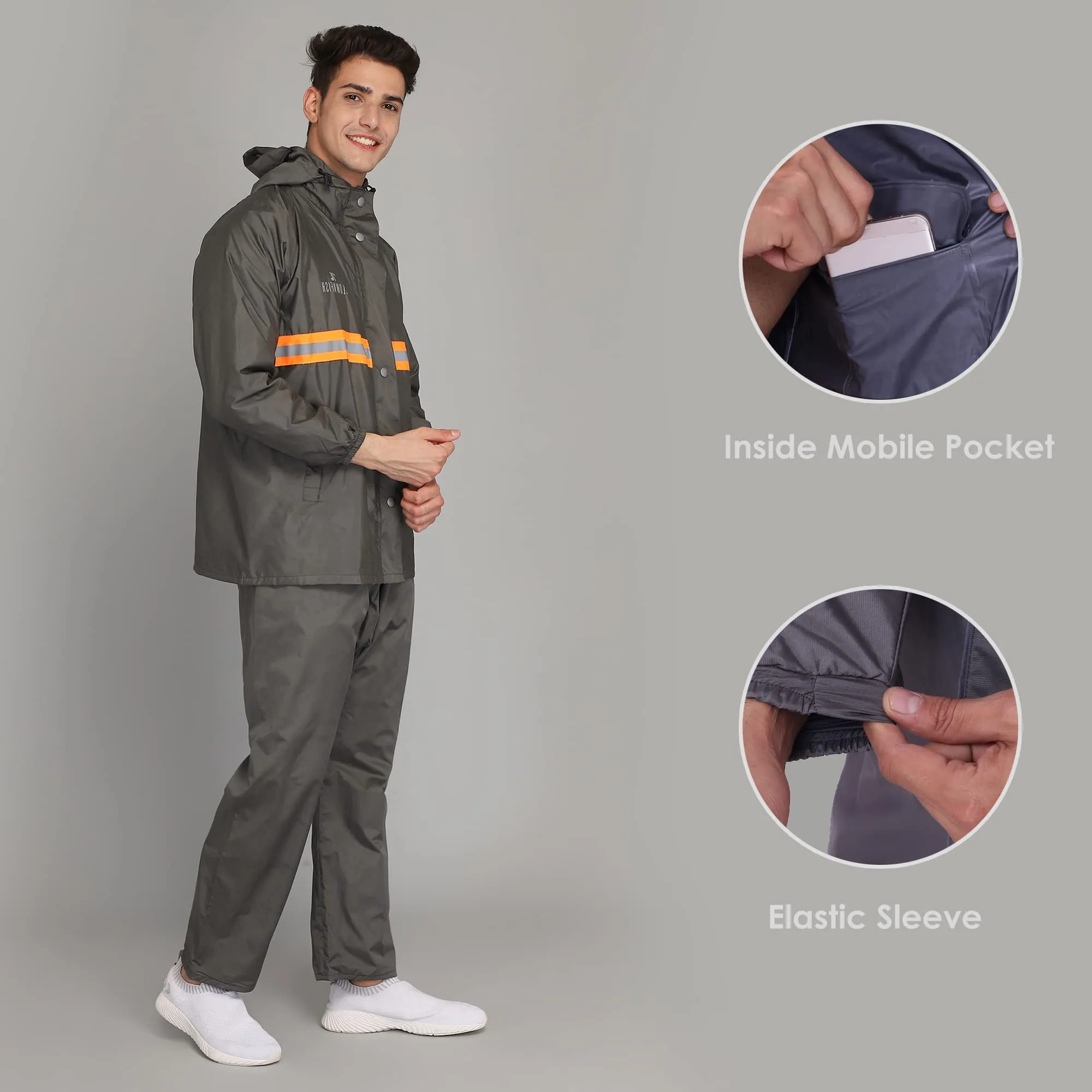 THE CLOWNFISH Philip Series Men's Waterproof Polyester Double Coating Reversible Raincoat with Hood and Reflector Logo at Back. Set of Top and Bottom. Printed Plastic Pouch with Rope (Grey, X-Large)