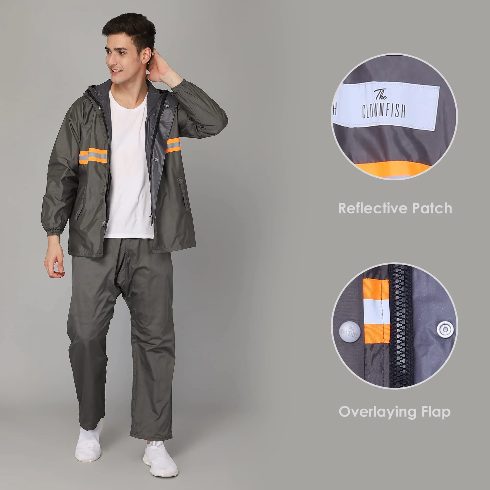THE CLOWNFISH Philip Series Men's Waterproof Polyester Double Coating Reversible Raincoat with Hood and Reflector Logo at Back. Set of Top and Bottom. Printed Plastic Pouch with Rope (Grey, X-Large)