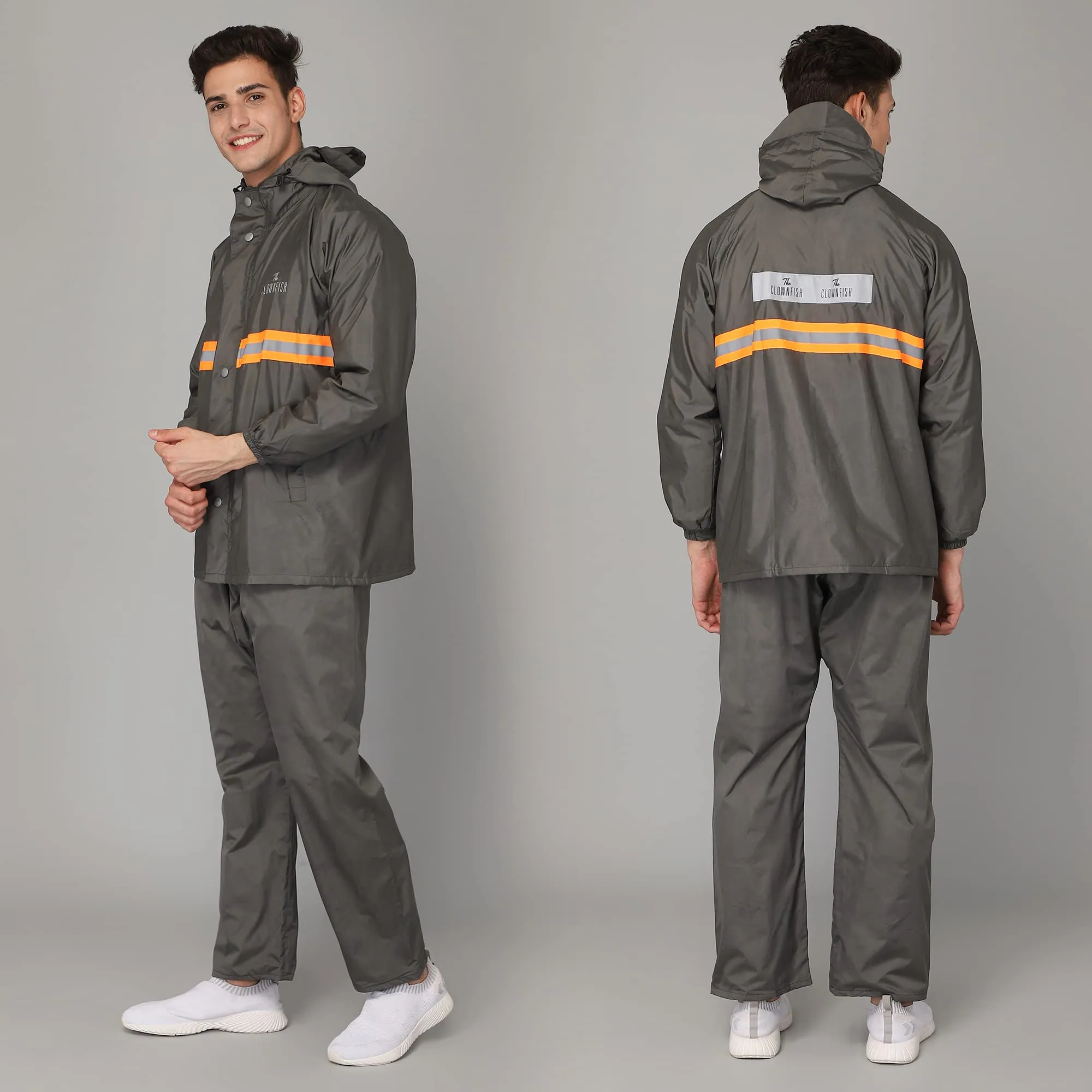 THE CLOWNFISH Philip Series Men's Waterproof Polyester Double Coating Reversible Raincoat with Hood and Reflector Logo at Back. Set of Top and Bottom. Printed Plastic Pouch with Rope (Grey, X-Large)