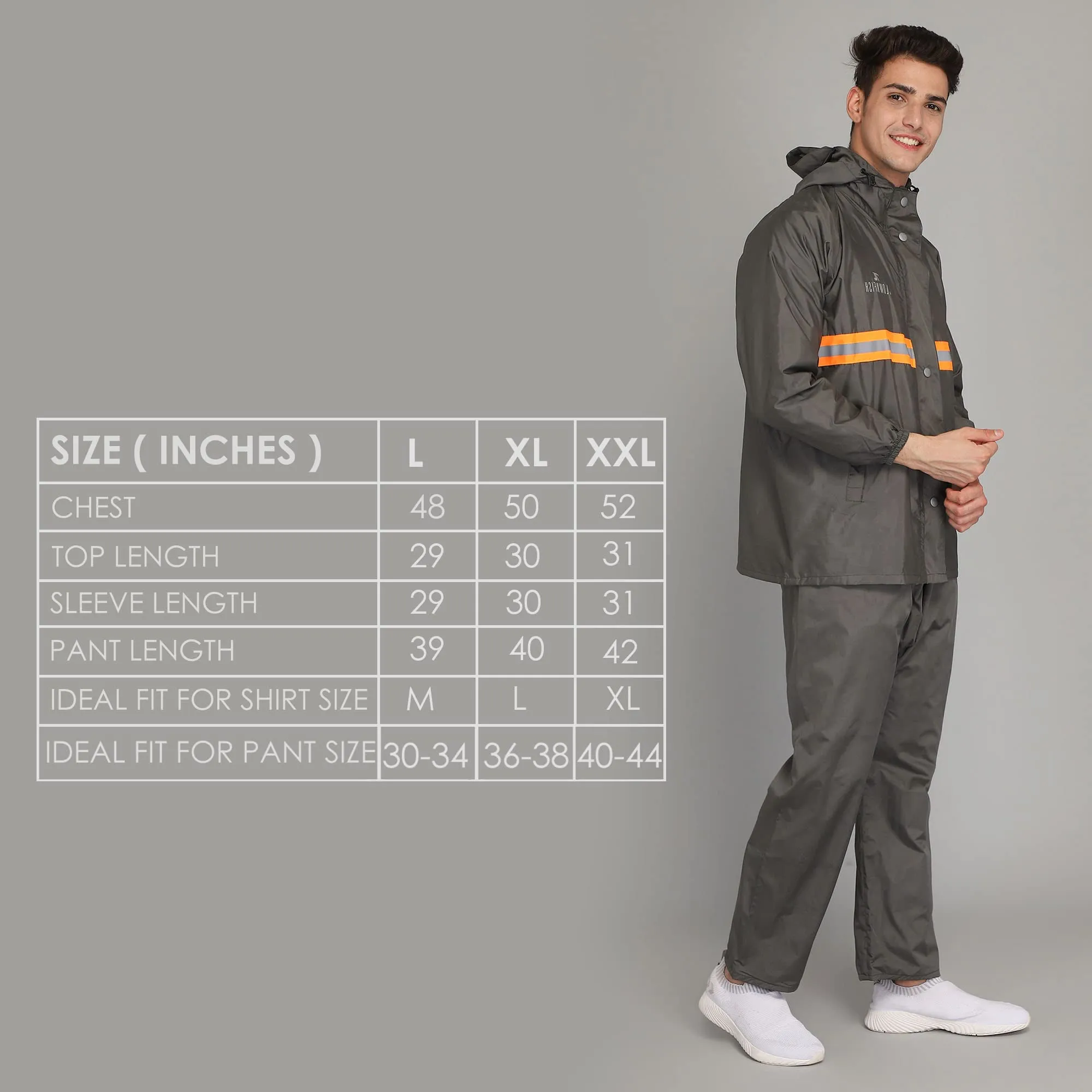 THE CLOWNFISH Philip Series Men's Waterproof Polyester Double Coating Reversible Raincoat with Hood and Reflector Logo at Back. Set of Top and Bottom. Printed Plastic Pouch with Rope (Grey, X-Large)