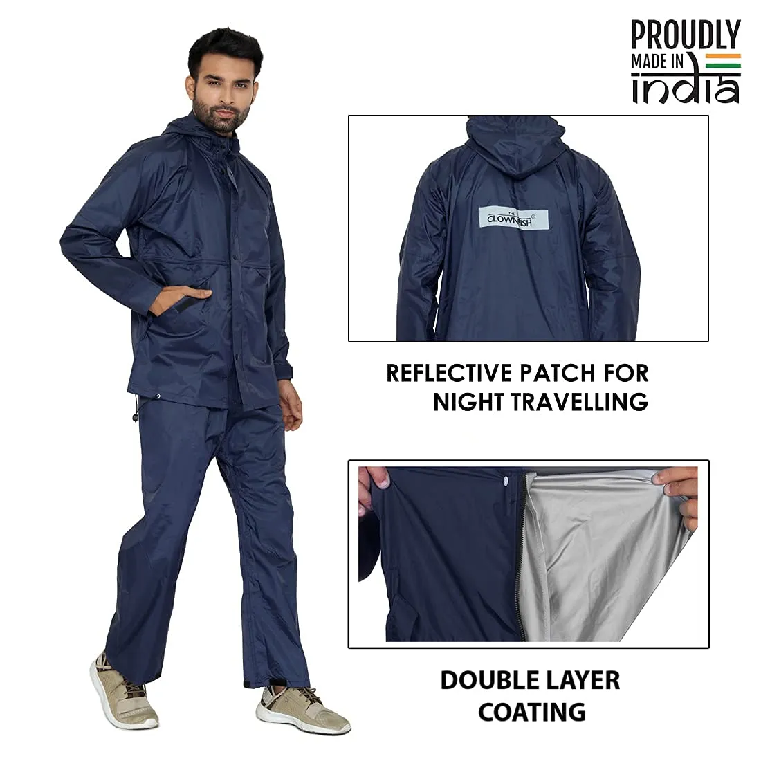 THE CLOWNFISH Polyester Casual Style Rain Coat For Men Waterproof For Bike Raincoat For Men With Hood. Set Of Top And Bottom. Classic Series (Blue, Xx-Large)