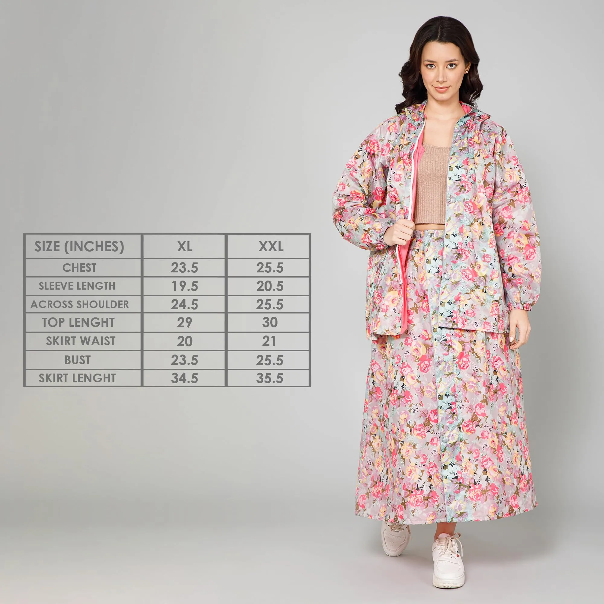 THE CLOWNFISH Polyester Waterproof Rain Coat For Women Skirt and Top Raincoat With Adjustable Hood and Front Pockets Rain Glam Series (Multicolour Floral, XX-Large)