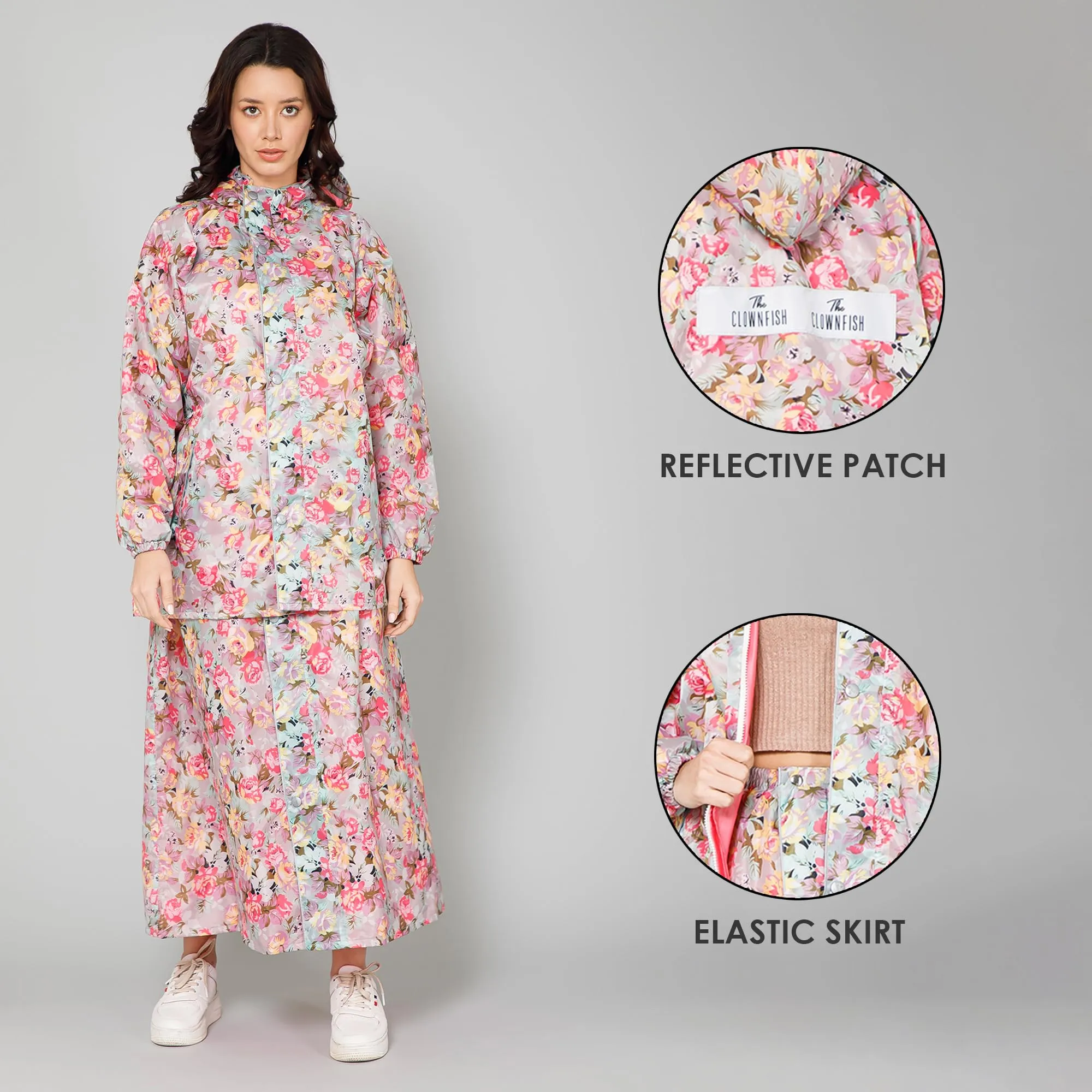 THE CLOWNFISH Polyester Waterproof Rain Coat For Women Skirt and Top Raincoat With Adjustable Hood and Front Pockets Rain Glam Series (Multicolour Floral, XX-Large)
