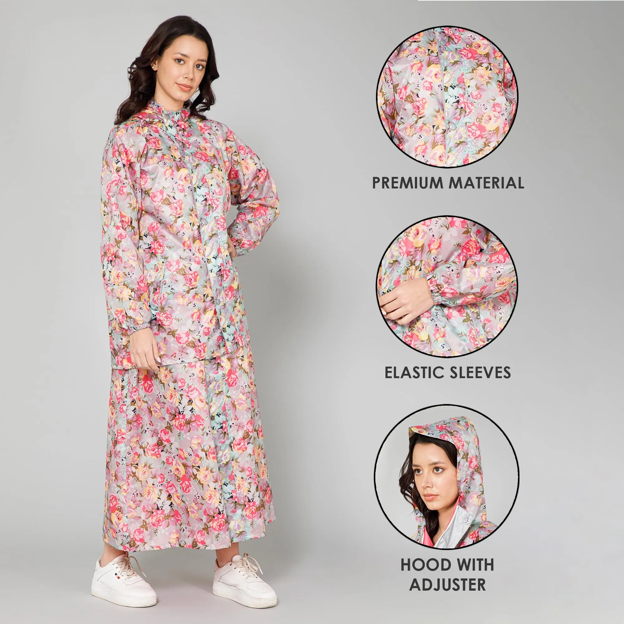 THE CLOWNFISH Polyester Waterproof Rain Coat For Women Skirt and Top Raincoat With Adjustable Hood and Front Pockets Rain Glam Series (Multicolour Floral, XX-Large)