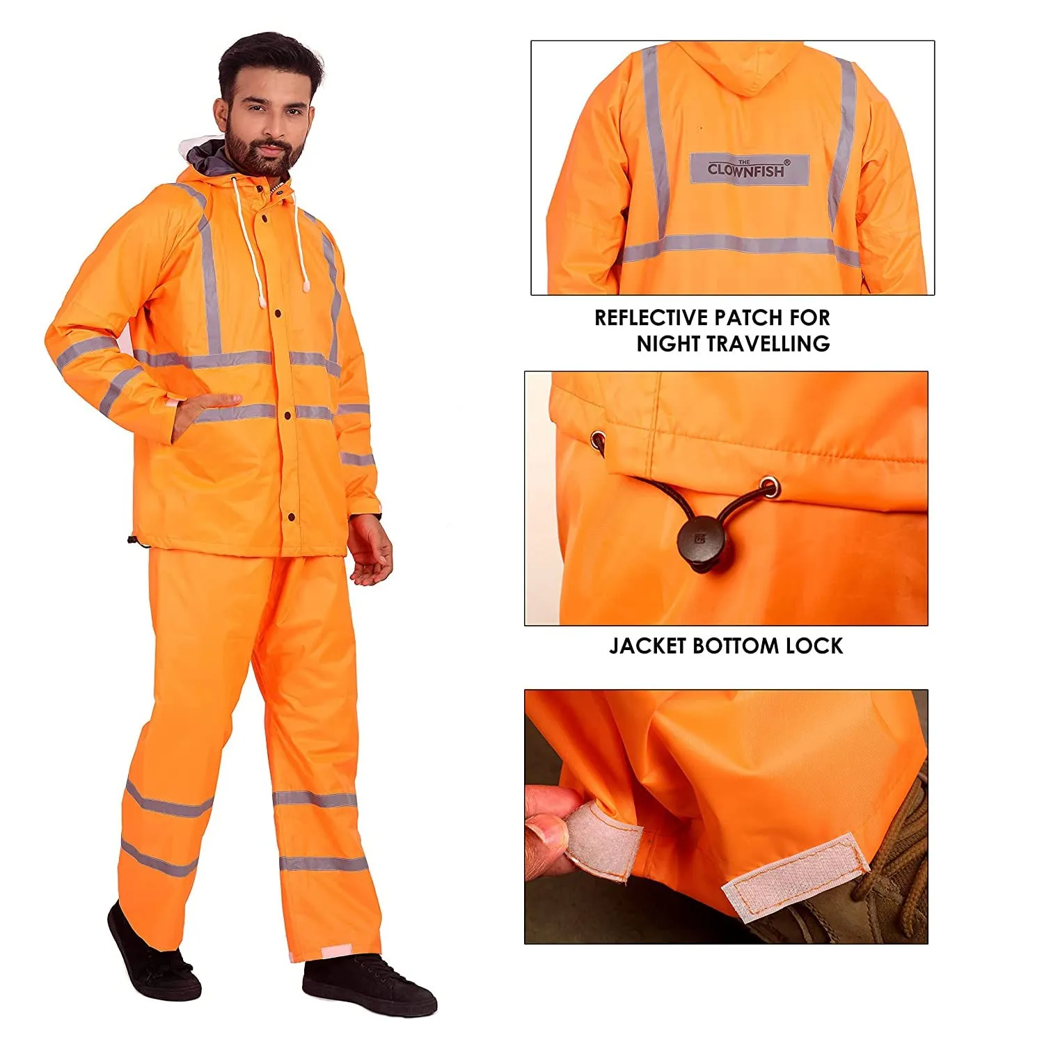 THE CLOWNFISH Rain Coat for Men Waterproof for Bike Raincoat for Men with Hood. Set of Top and Bottom. Debonair Series (Orange, XX-Large)