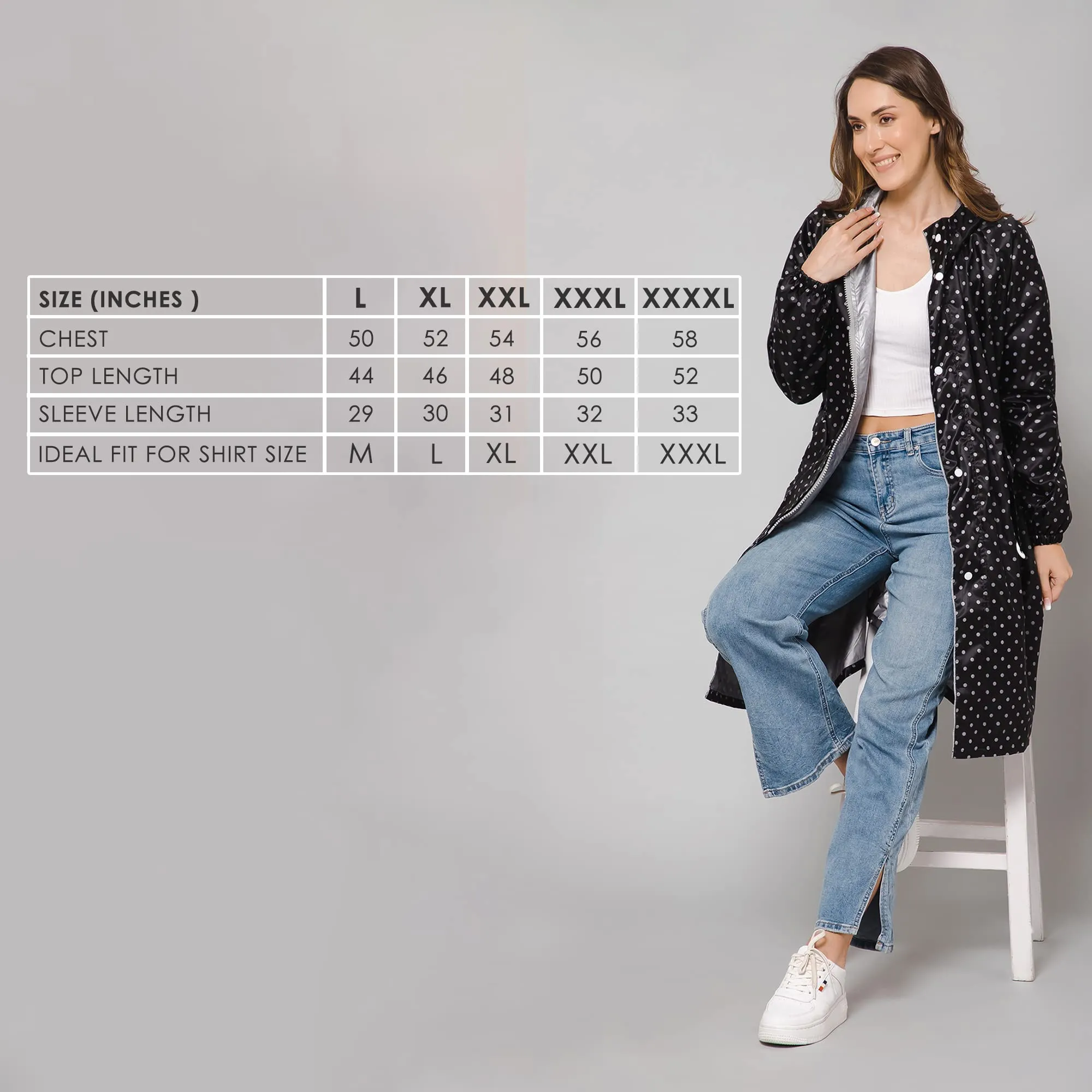 THE CLOWNFISH Raincoats for Women Rain Coat for Women Longcoat Raincoat for Ladies Waterproof Reversible Double Layer. Dotty Delight Series (Black, X-Large)
