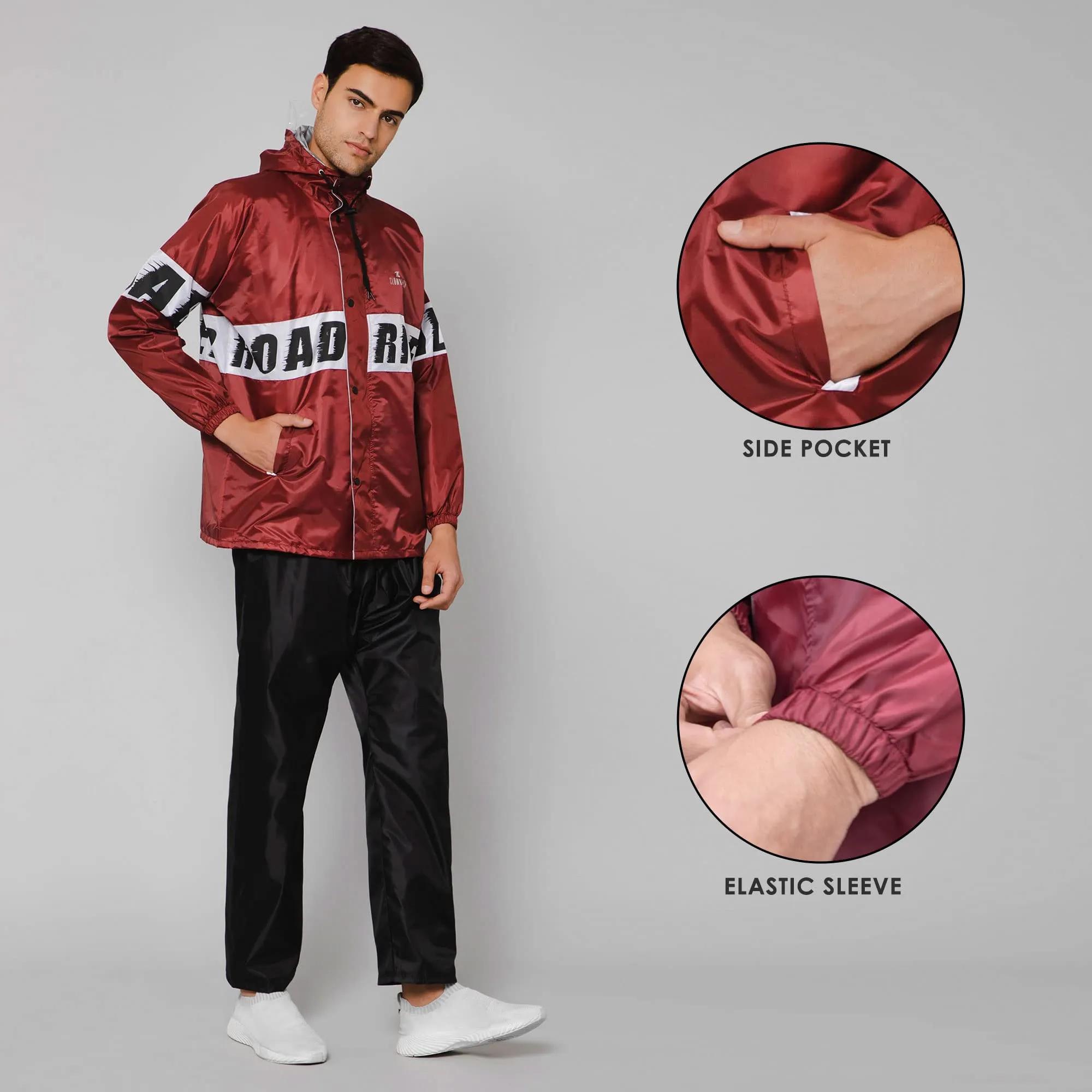 THE CLOWNFISH Road Rider Men's Waterproof Raincoat Polyester Double Coating Reversible Rain Suit with Hood & Inner Mobile Pocket. Set of Top and Bottom. Printed Plastic Pouch (Maroon, XXX-Large)