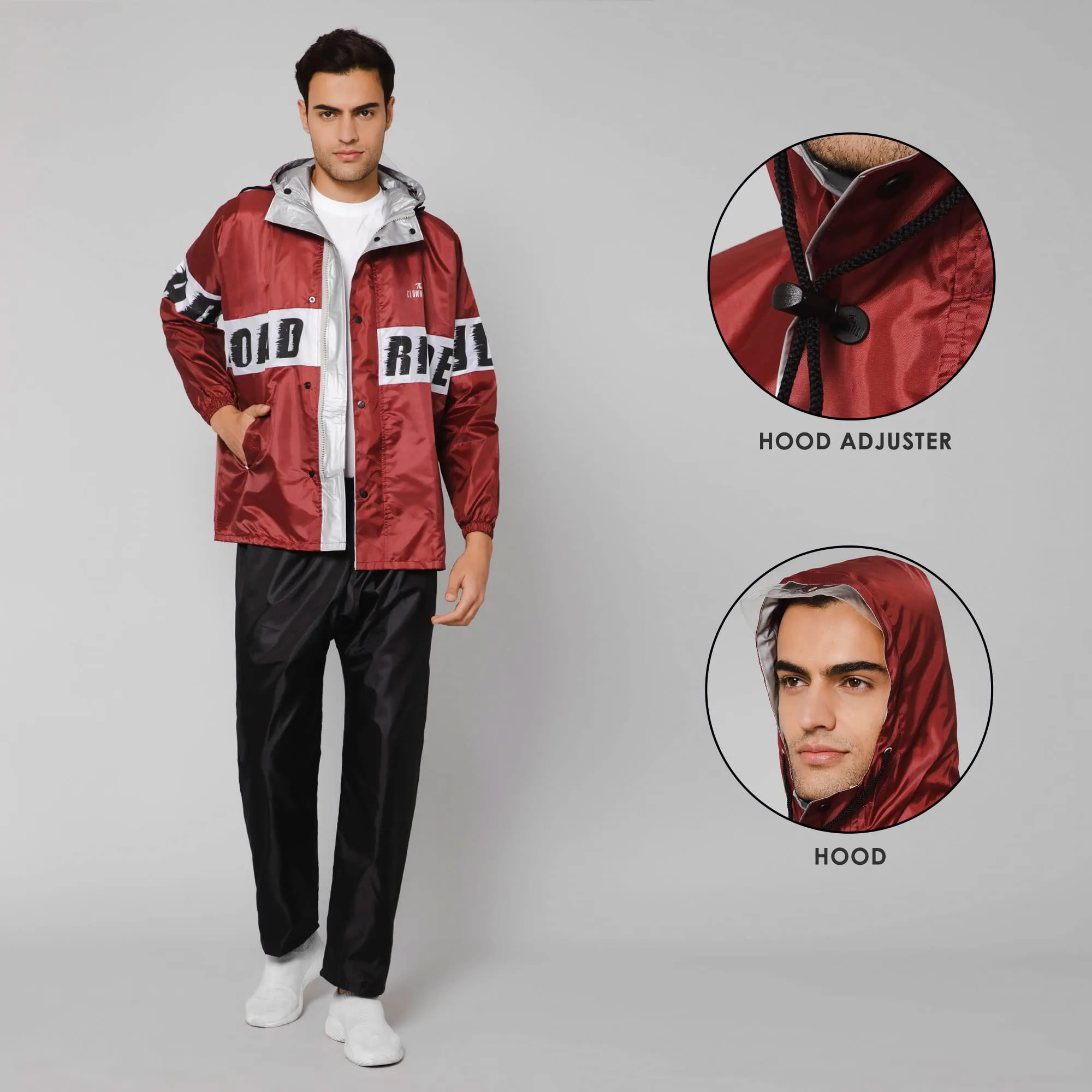 THE CLOWNFISH Road Rider Men's Waterproof Raincoat Polyester Double Coating Reversible Rain Suit with Hood & Inner Mobile Pocket. Set of Top and Bottom. Printed Plastic Pouch (Maroon, XXX-Large)