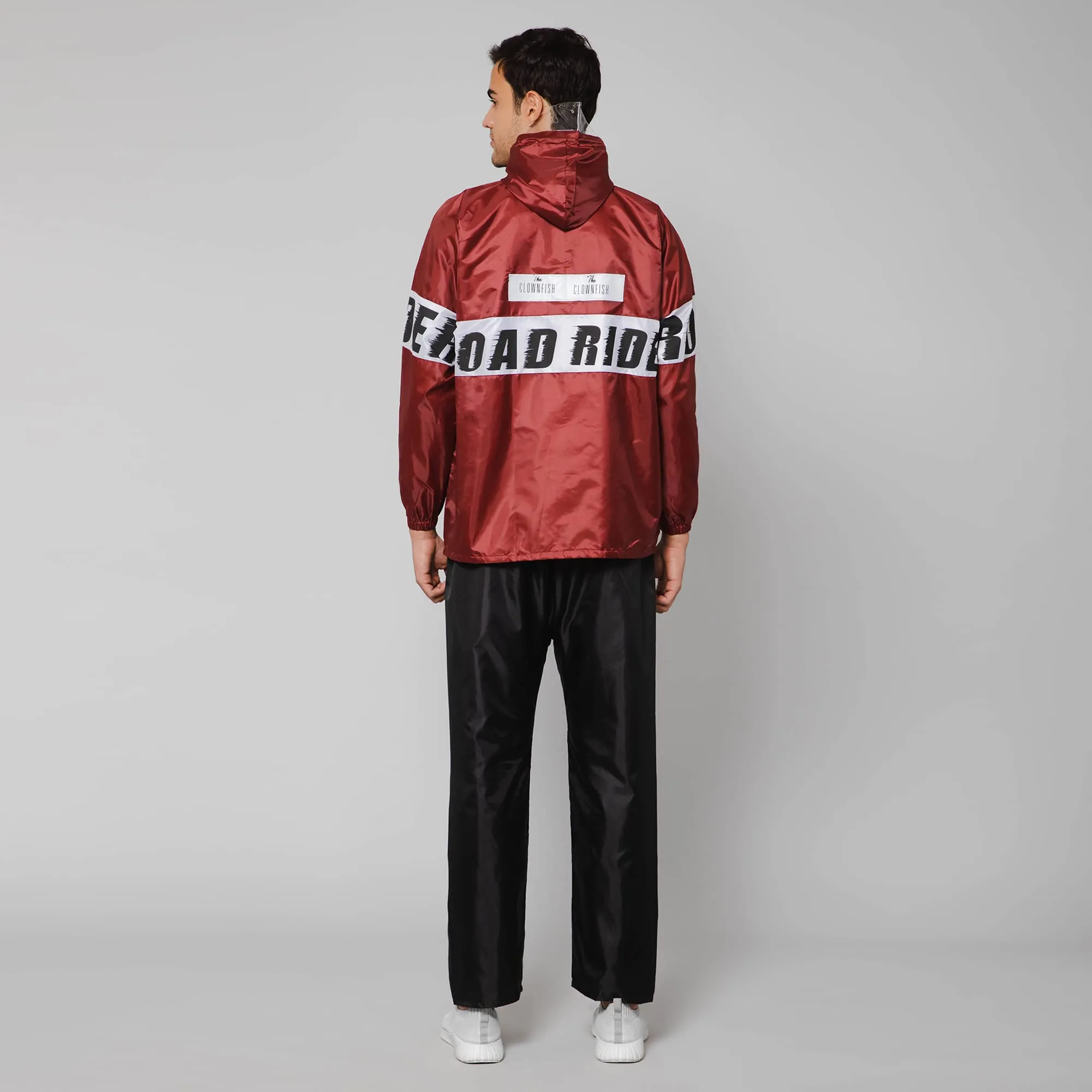 THE CLOWNFISH Road Rider Men's Waterproof Raincoat Polyester Double Coating Reversible Rain Suit with Hood & Inner Mobile Pocket. Set of Top and Bottom. Printed Plastic Pouch (Maroon, XXX-Large)