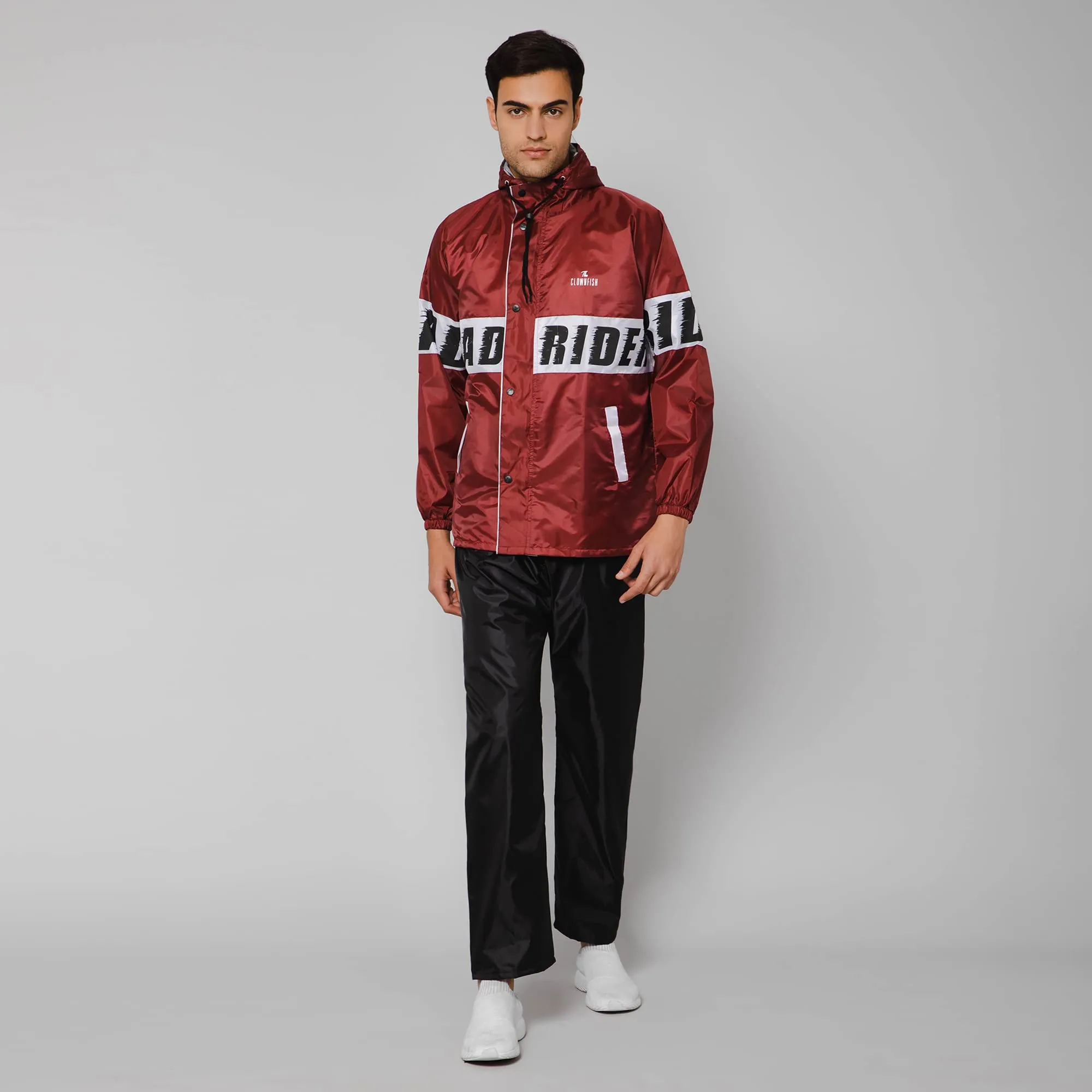 THE CLOWNFISH Road Rider Men's Waterproof Raincoat Polyester Double Coating Reversible Rain Suit with Hood & Inner Mobile Pocket. Set of Top and Bottom. Printed Plastic Pouch (Maroon, XXX-Large)