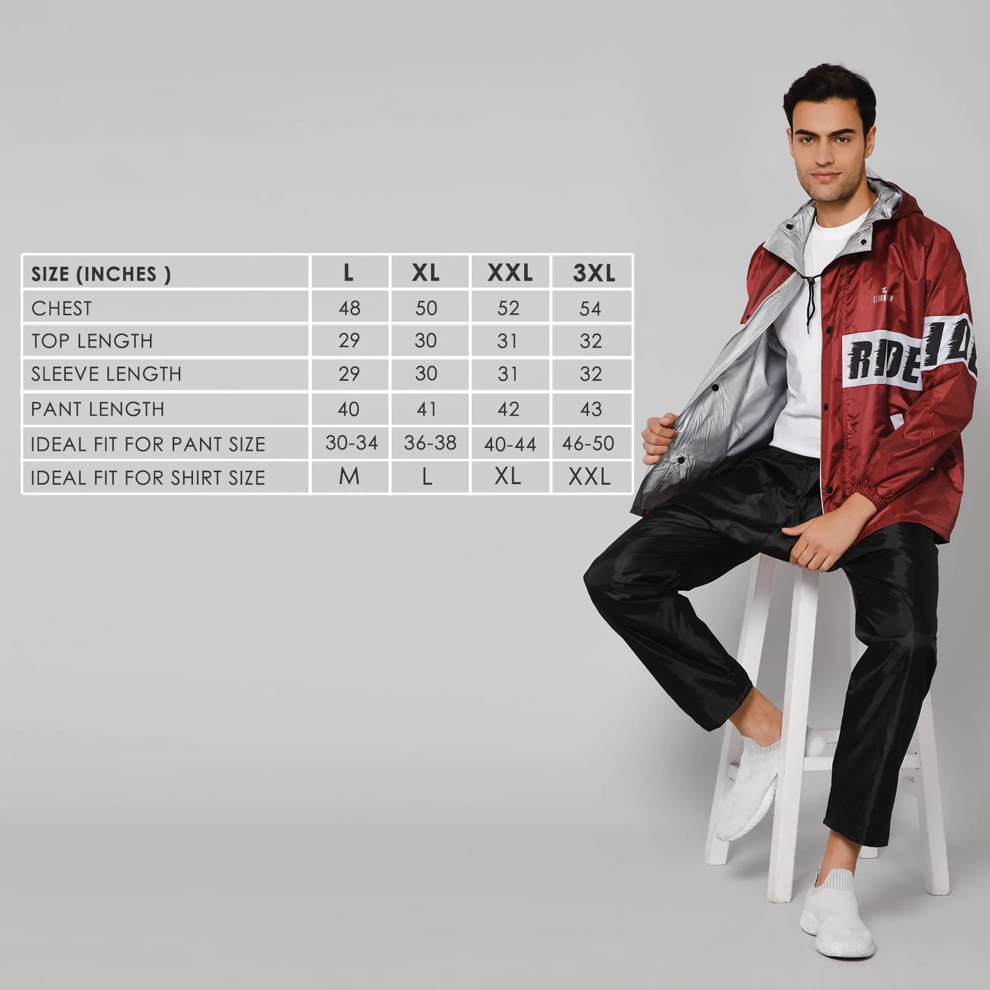 THE CLOWNFISH Road Rider Men's Waterproof Raincoat Polyester Double Coating Reversible Rain Suit with Hood & Inner Mobile Pocket. Set of Top and Bottom. Printed Plastic Pouch (Maroon, XXX-Large)