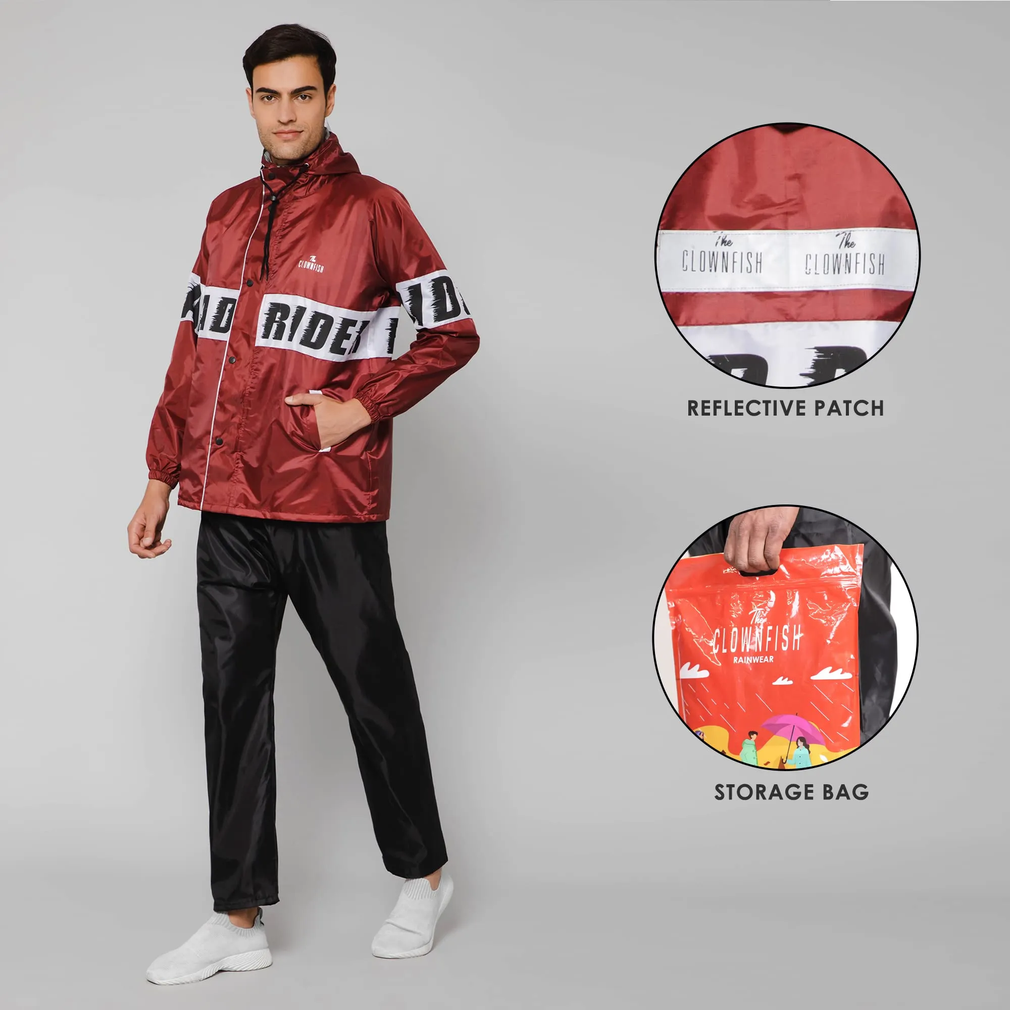 THE CLOWNFISH Road Rider Men's Waterproof Raincoat Polyester Double Coating Reversible Rain Suit with Hood & Inner Mobile Pocket. Set of Top and Bottom. Printed Plastic Pouch (Maroon, XXX-Large)
