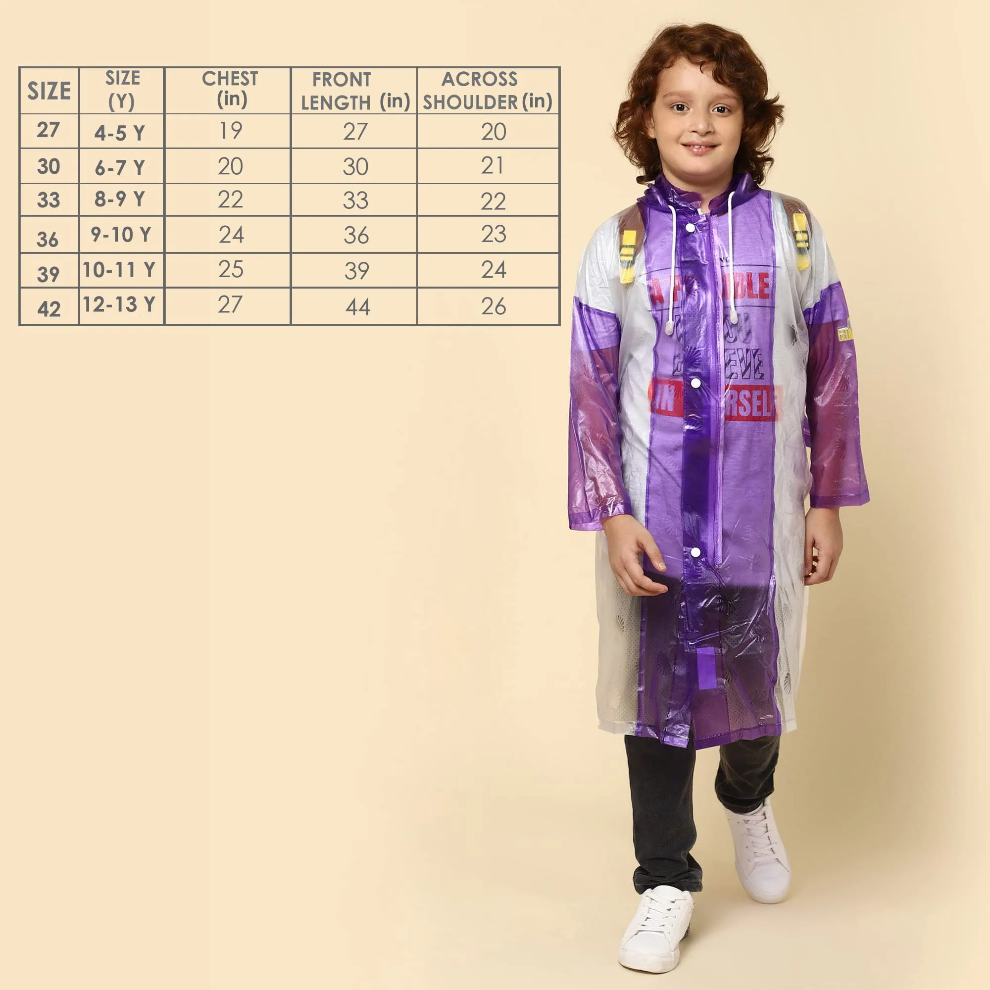 THE CLOWNFISH Simpson Series Kids Waterproof PVC Longcoat with Adjustable Hood & Extra Space for Backpack/Schoolbag Holding. Printed Plastic Pouch. Kid Age-9-10 years (Size-36-Purple)