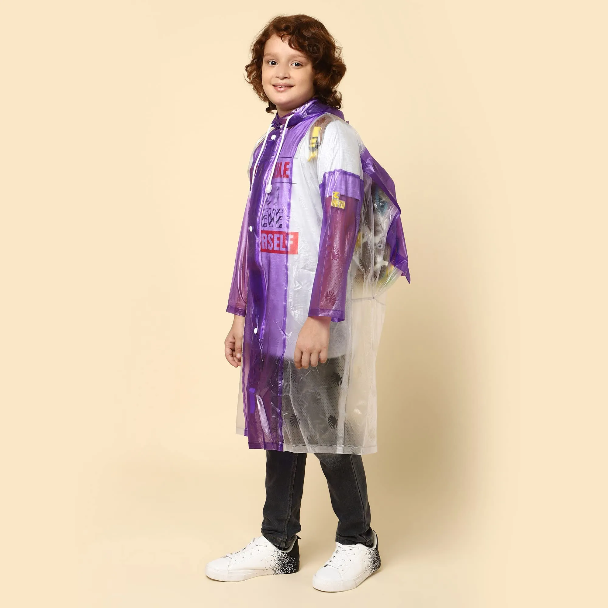 THE CLOWNFISH Simpson Series Kids Waterproof PVC Longcoat with Adjustable Hood & Extra Space for Backpack/Schoolbag Holding. Printed Plastic Pouch. Kid Age-9-10 years (Size-36-Purple)