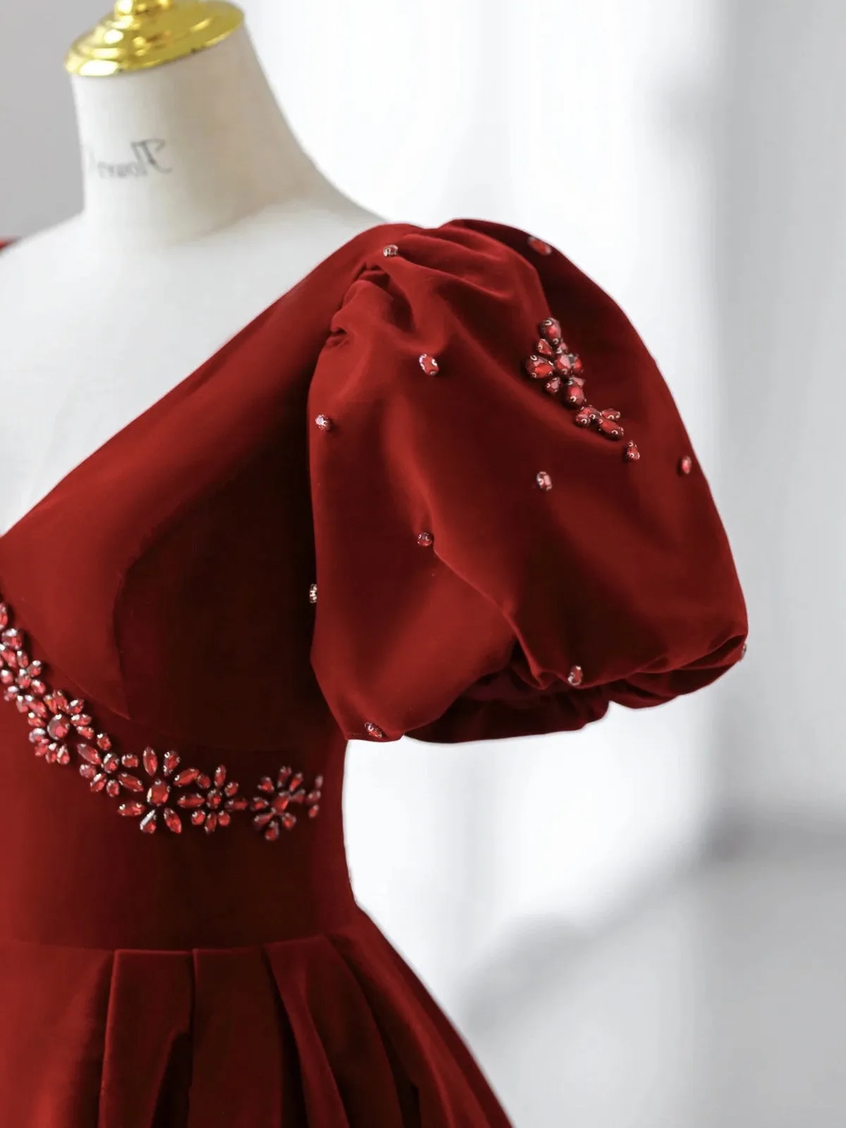 Wine Red Velvet V-neckline Beaded Short Sleeves Party Dress, Wine Red Long Prom Dress
