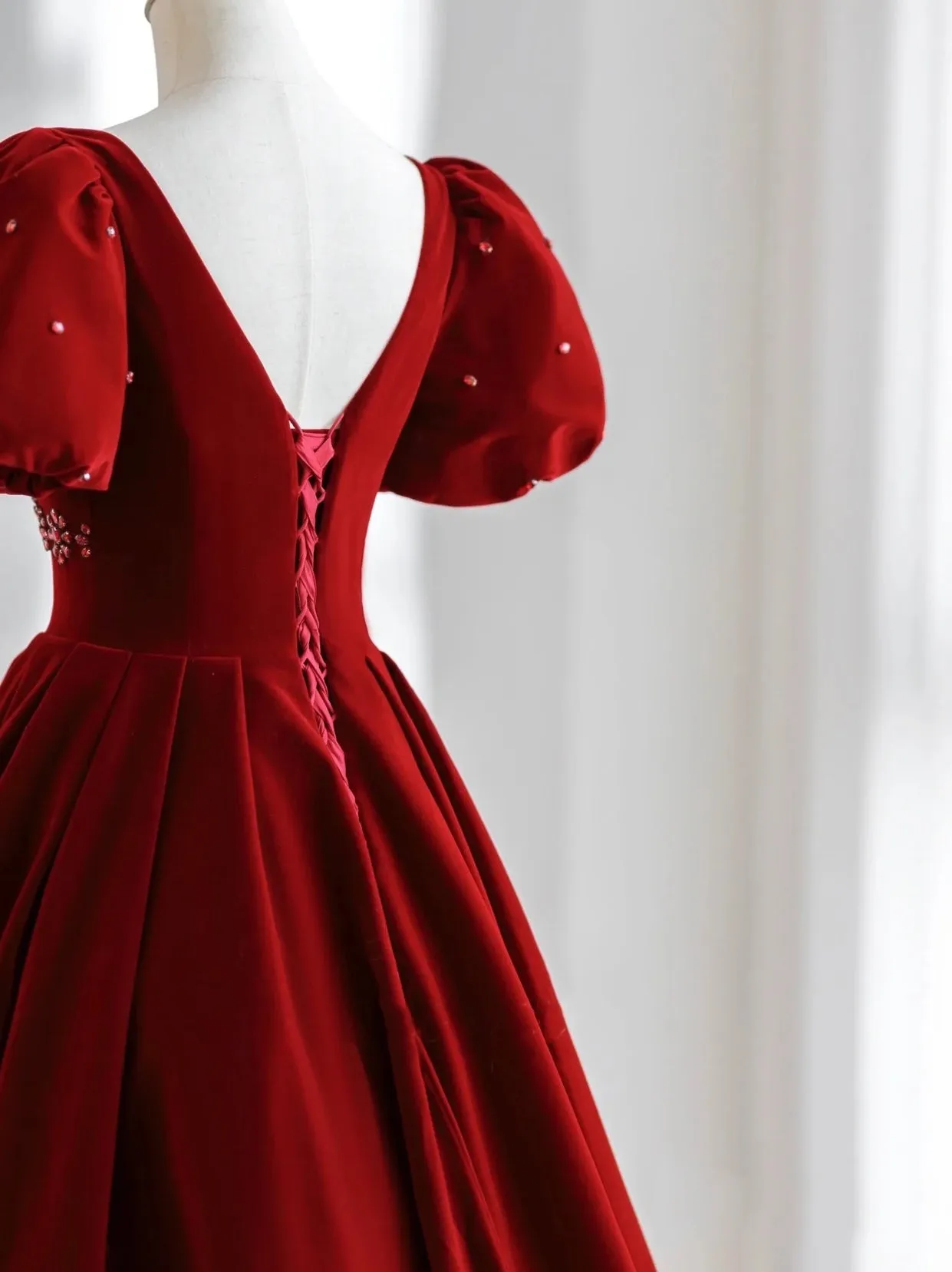Wine Red Velvet V-neckline Beaded Short Sleeves Party Dress, Wine Red Long Prom Dress