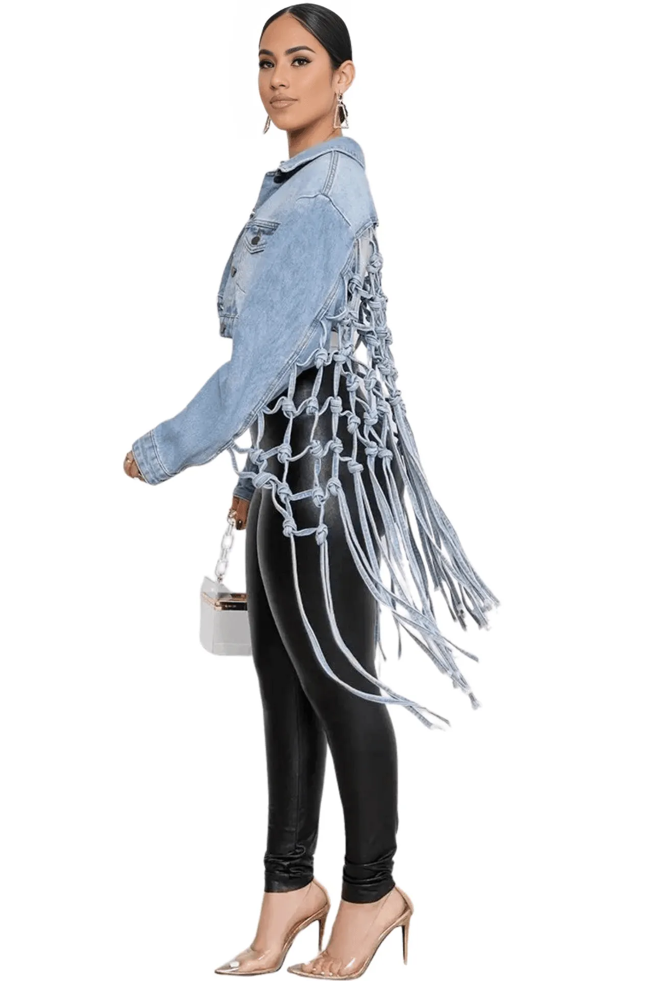 Women's Trendy Denim Jacket Mesh Tassel Irregular Jean Jacket Full Sleeve Single Breasted Loose Leisure Short Female Denim Tops